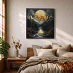 Moon Mountain Wall Art Night Landscape Framed Canvas Forest River Rustic Home Decor