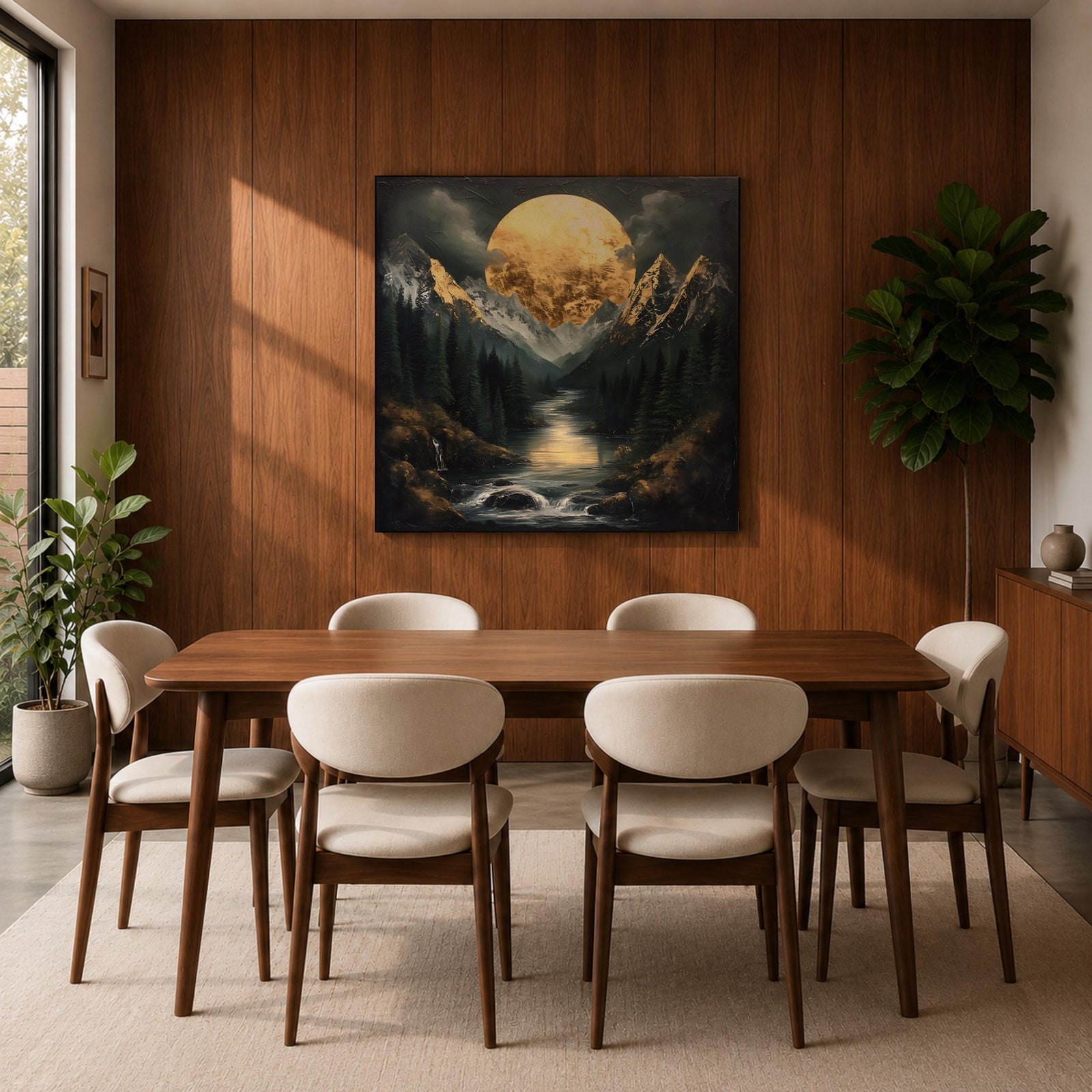 Moon Mountain Wall Art Night Landscape Framed Canvas Forest River Rustic Home Decor