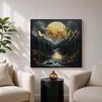 Moon Mountain Wall Art Night Landscape Framed Canvas Forest River Rustic Home Decor