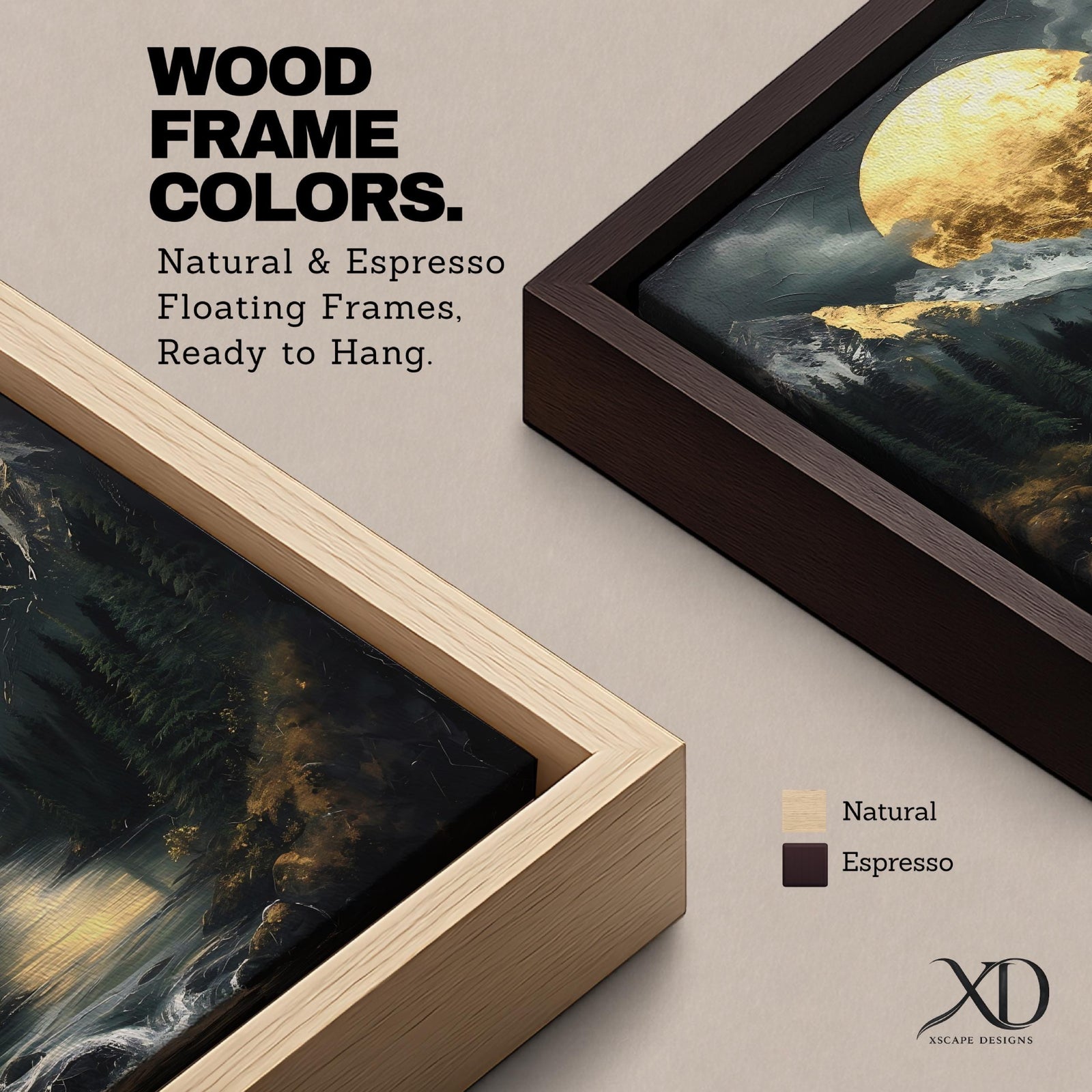 Moon Mountain Wall Art Night Landscape Framed Canvas Forest River Rustic Home Decor