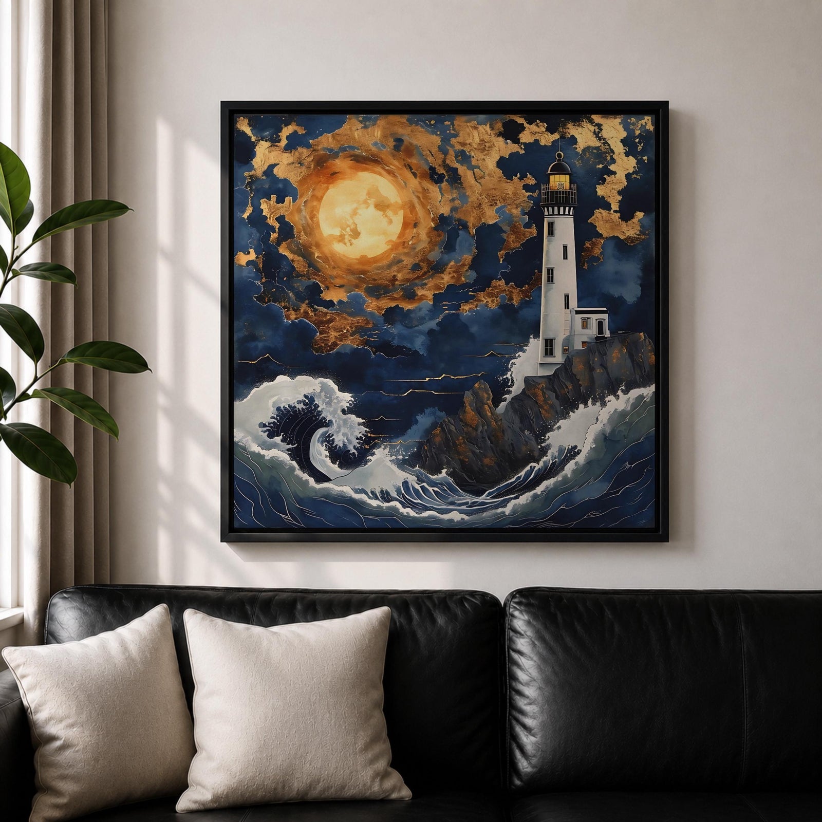 Lighthouse Wall Art Nautical Beacon Tower Framed Canvas Coastal Moonlit Seascape Living Room Decor