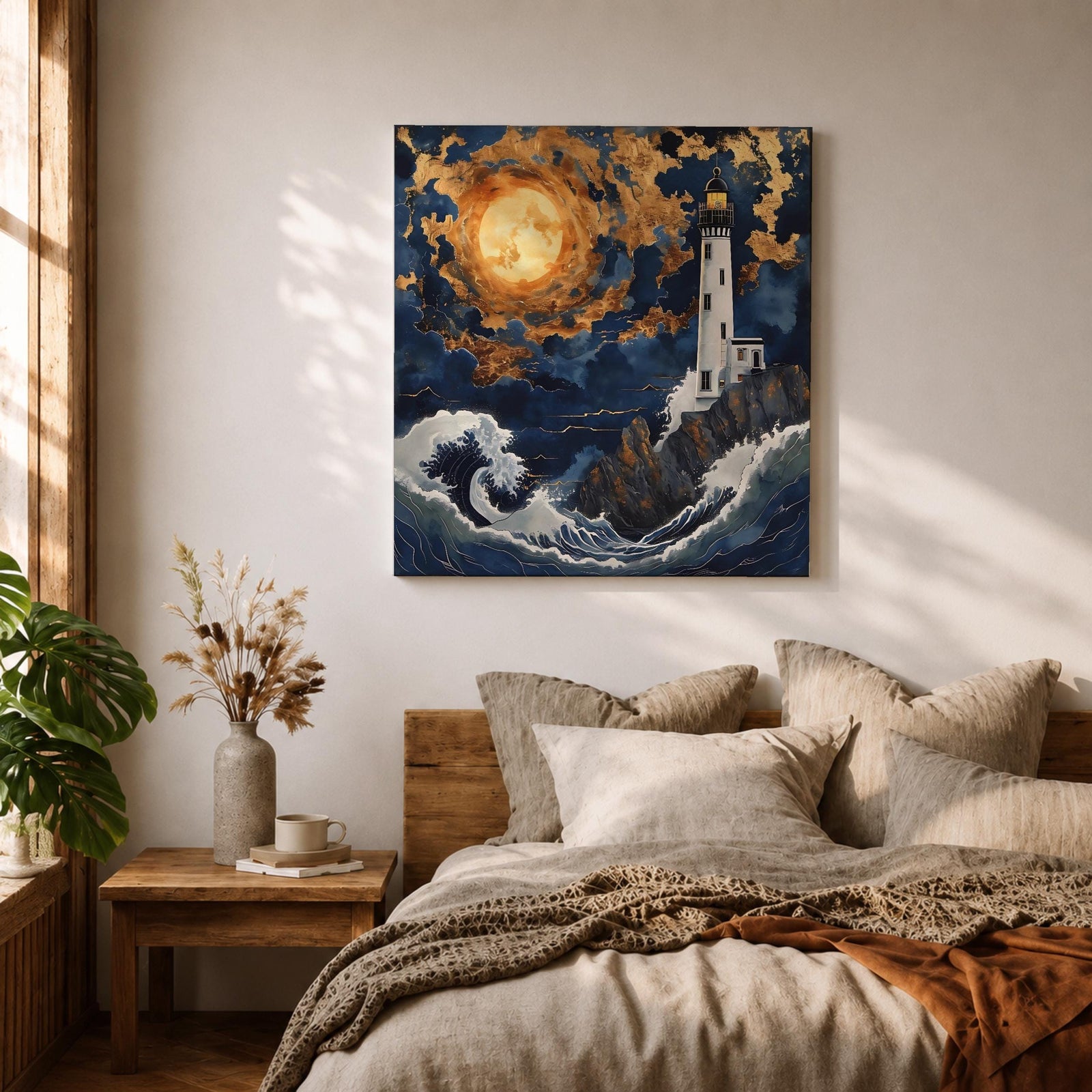 Lighthouse Wall Art Nautical Beacon Tower Framed Canvas Coastal Moonlit Seascape Living Room Decor