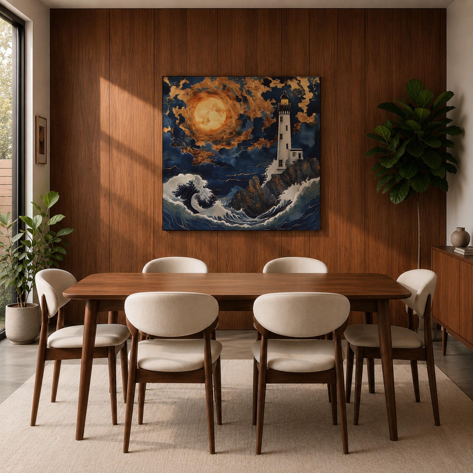 Lighthouse Wall Art Nautical Beacon Tower Framed Canvas Coastal Moonlit Seascape Living Room Decor