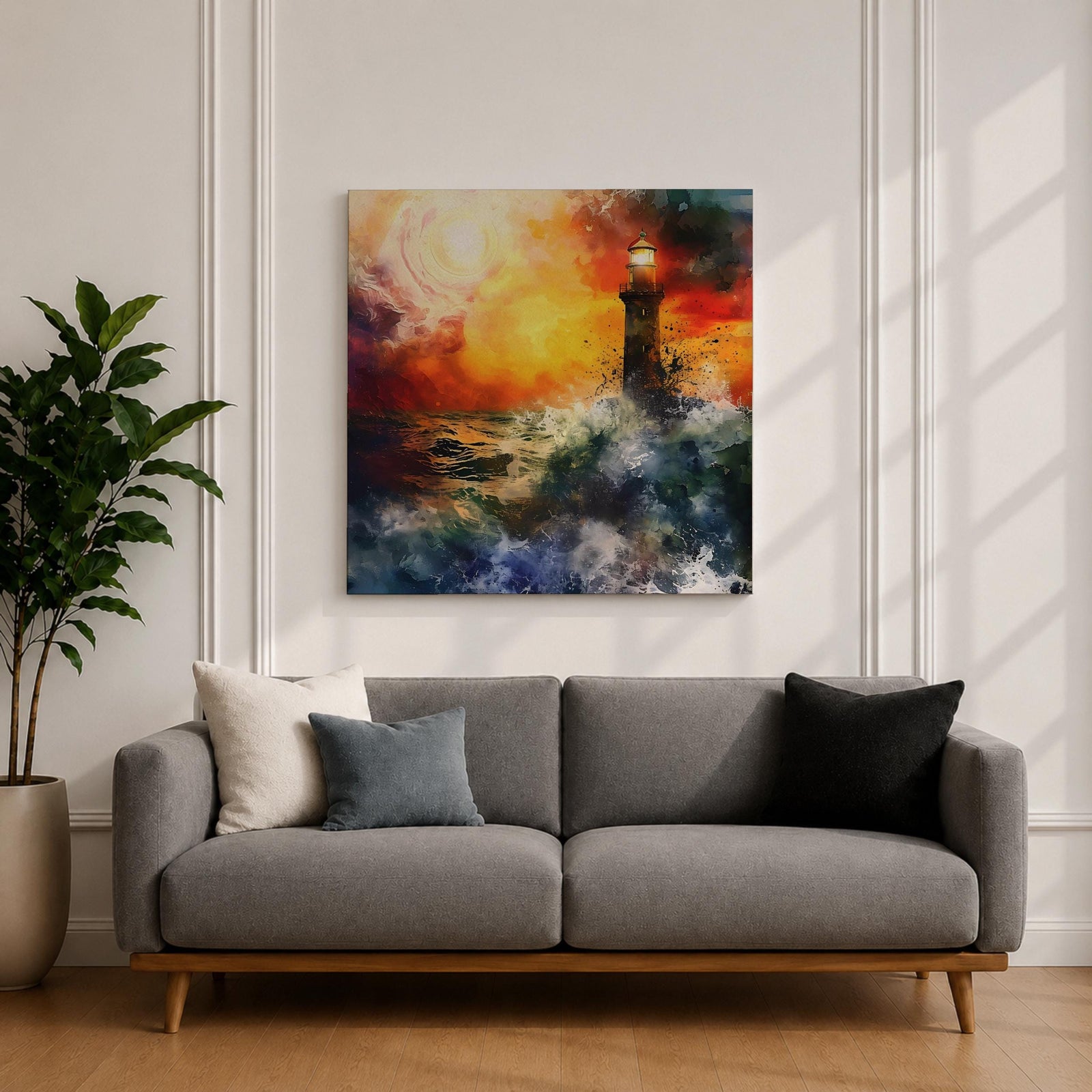 Lighthouse Wall Art Nautical Beacon Framed Canvas Coastal Ocean Storm Seascape Living Room Decor
