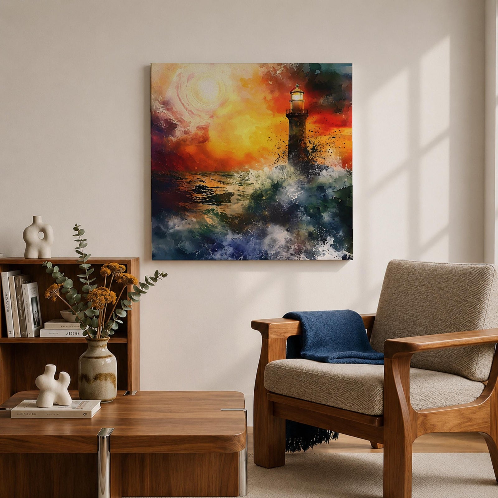 Lighthouse Wall Art Nautical Beacon Framed Canvas Coastal Ocean Storm Seascape Living Room Decor