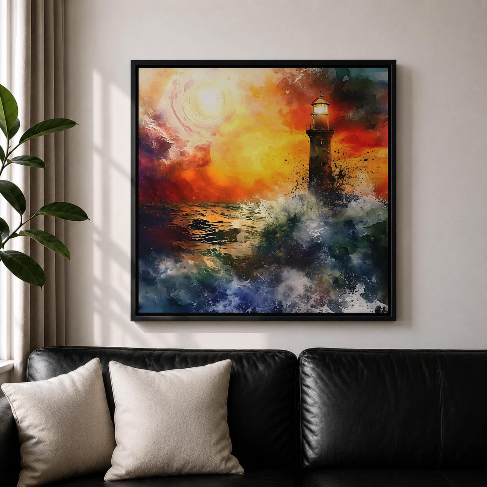 Lighthouse Wall Art Nautical Beacon Framed Canvas Coastal Ocean Storm Seascape Living Room Decor