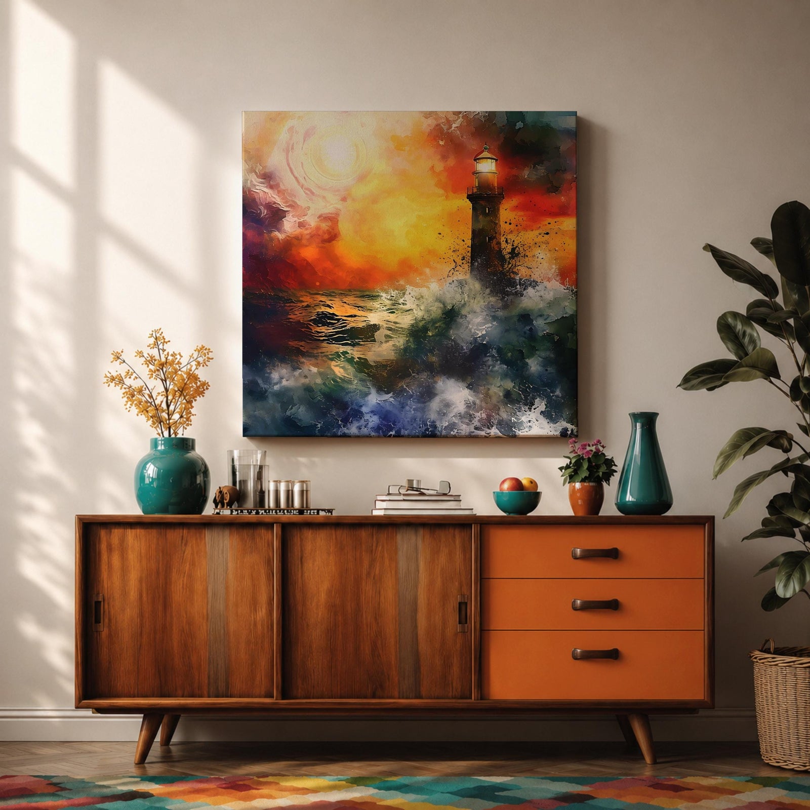 Lighthouse Wall Art Nautical Beacon Framed Canvas Coastal Ocean Storm Seascape Living Room Decor
