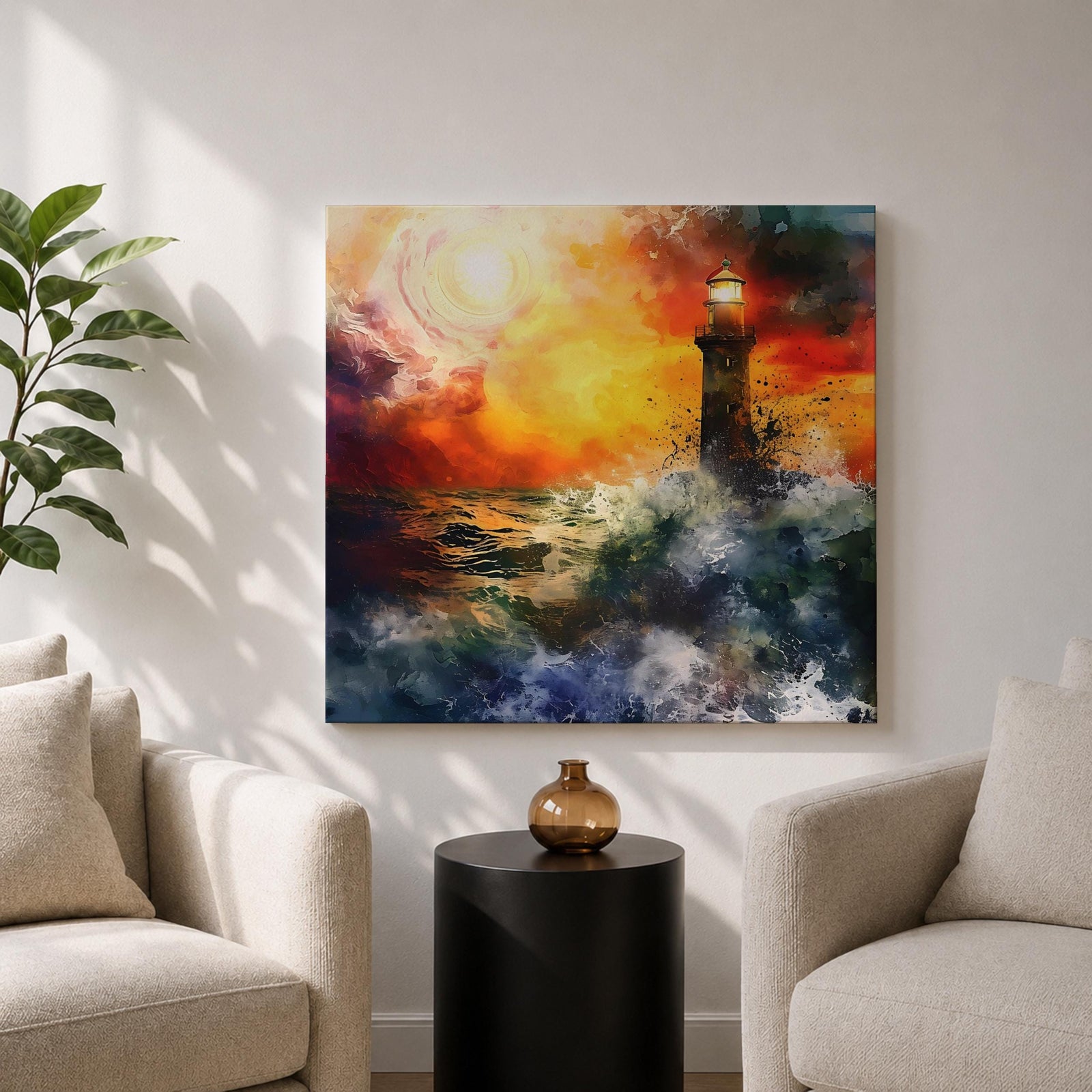 Lighthouse Wall Art Nautical Beacon Framed Canvas Coastal Ocean Storm Seascape Living Room Decor