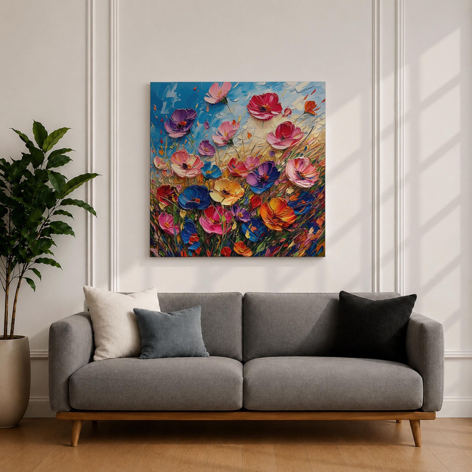 Wildflower Meadow Wall Art Botanical Garden Framed Canvas Impasto Floral Boho Home Decor