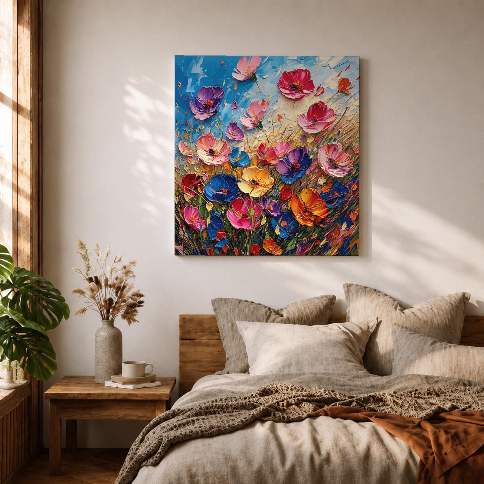 Wildflower Meadow Wall Art Botanical Garden Framed Canvas Impasto Floral Boho Home Decor
