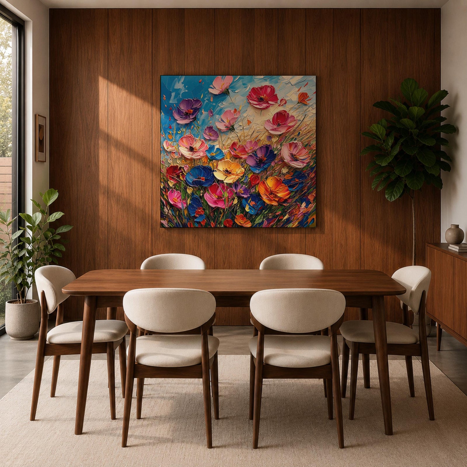 Wildflower Meadow Wall Art Botanical Garden Framed Canvas Impasto Floral Boho Home Decor