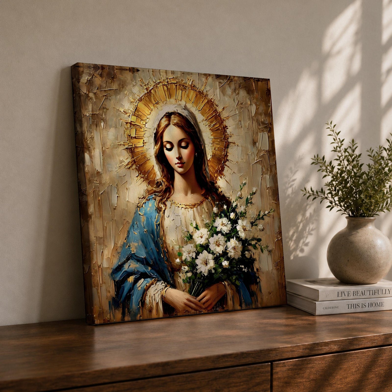 Virgin Mary Wall Art Our Lady of Grace Framed Canvas Impasto Catholic Home Decor
