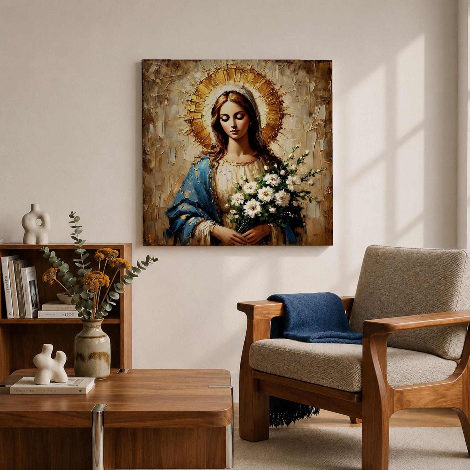 Virgin Mary Wall Art Our Lady of Grace Framed Canvas Impasto Catholic Home Decor