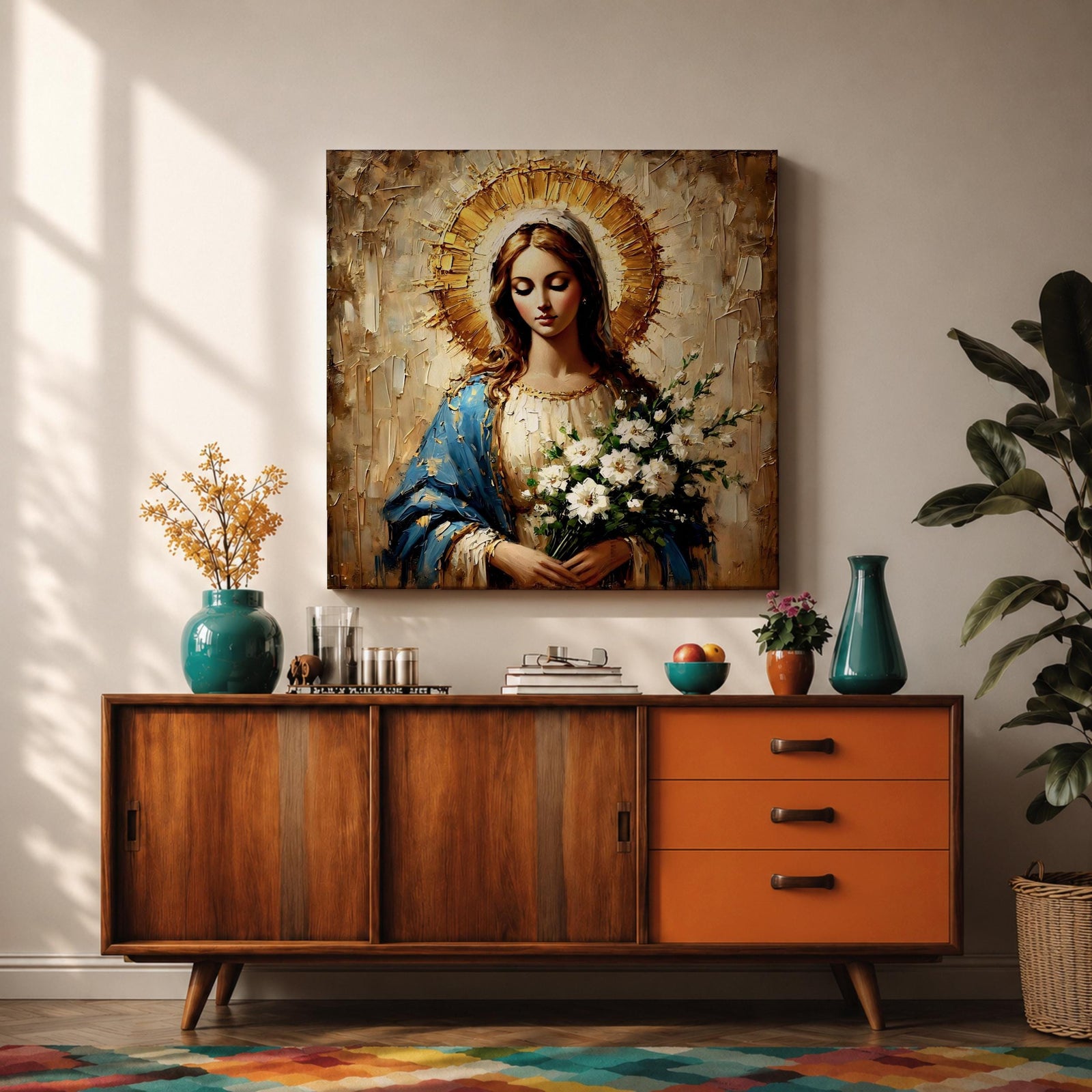 Virgin Mary Wall Art Our Lady of Grace Framed Canvas Impasto Catholic Home Decor