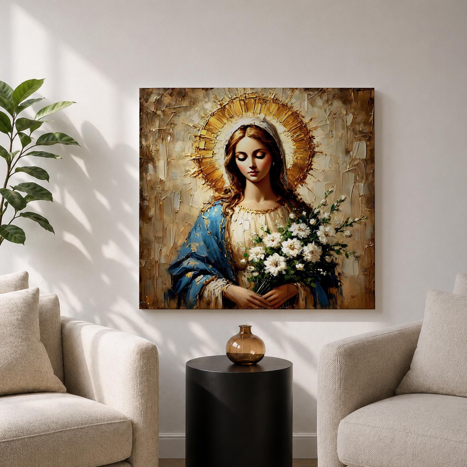Virgin Mary Wall Art Our Lady of Grace Framed Canvas Impasto Catholic Home Decor