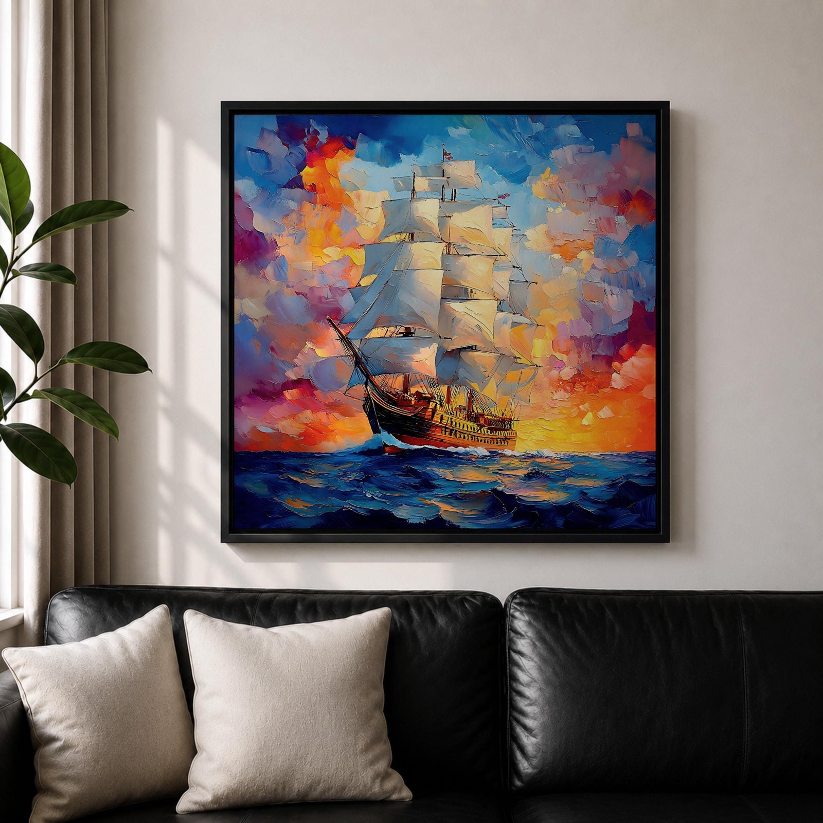 Sailing Ship Wall Art Tall Ship Framed Canvas Nautical Maritime Impasto Coastal Home Decor