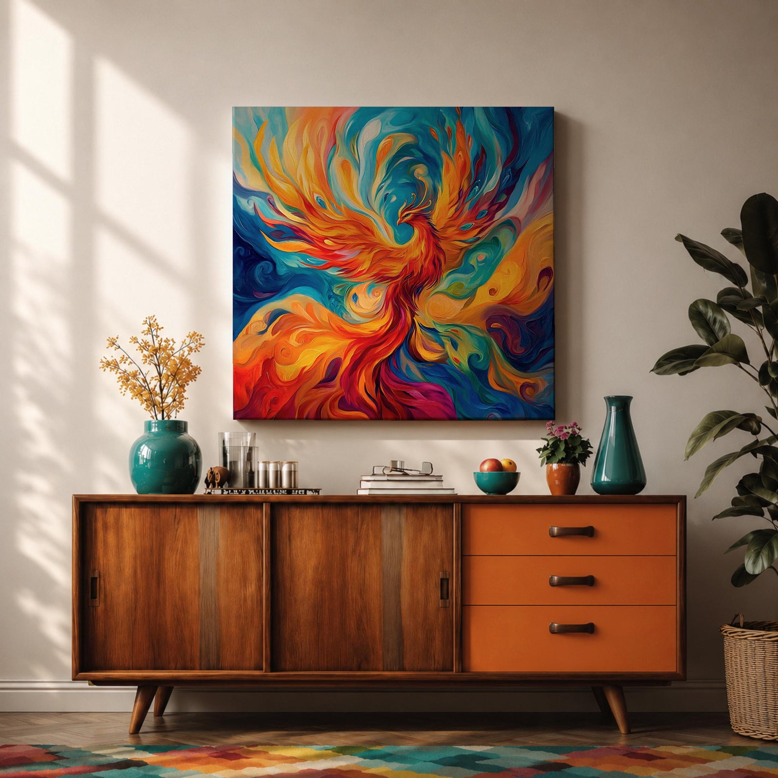 Phoenix Wall Art Firebird Framed Canvas Mythical Bird Abstract Mythology Fantasy Home Decor