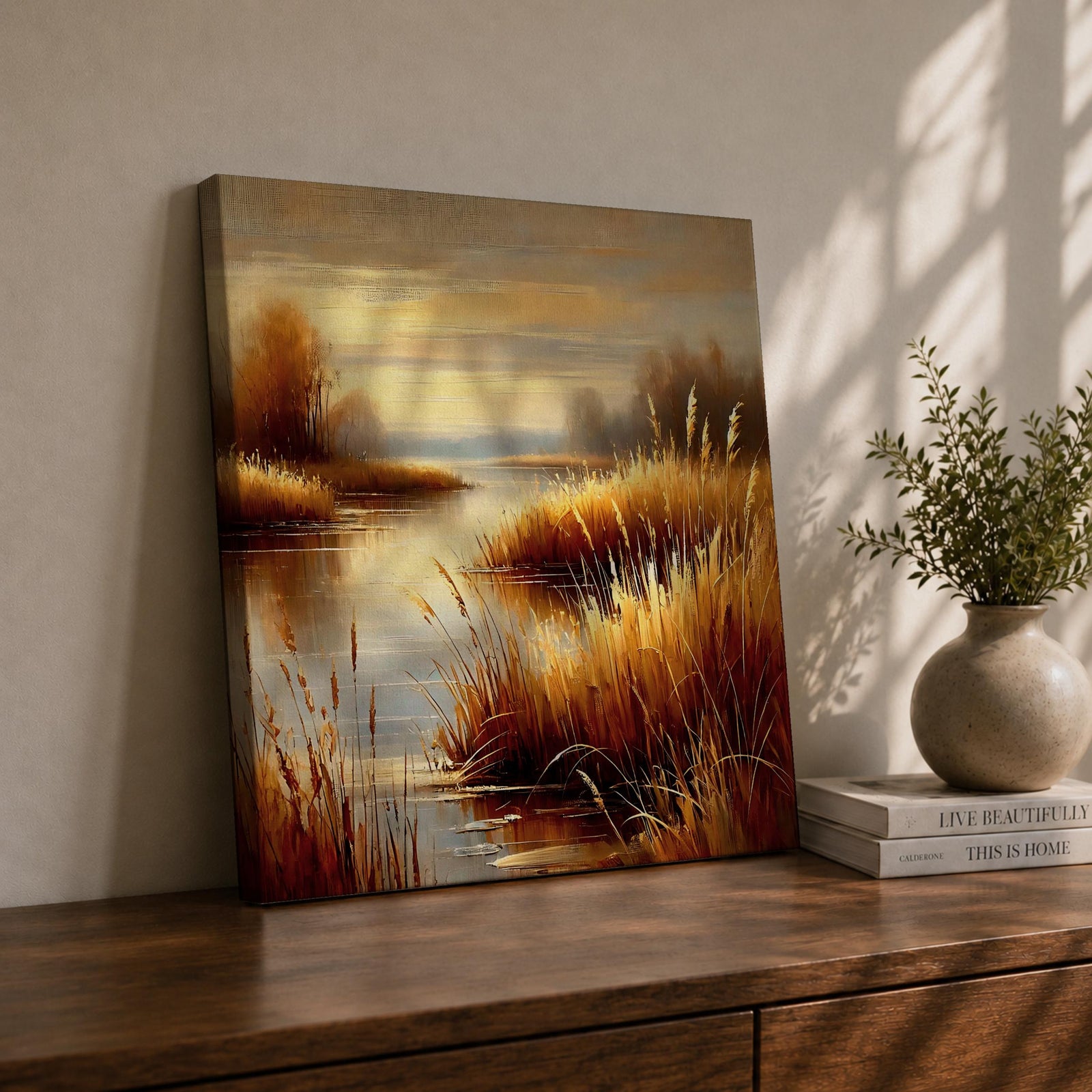 Marshland Sunset Wall Art Wetland Landscape Framed Canvas Golden Reeds Vintage Rustic Home Decor