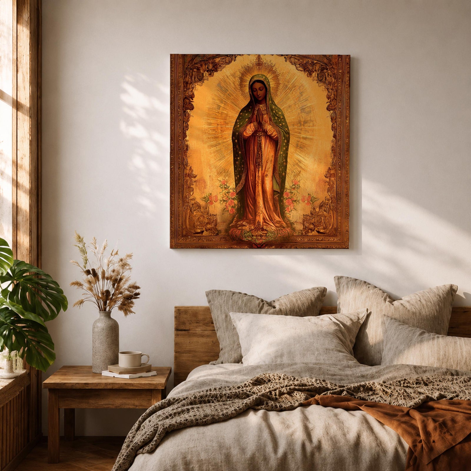 Our Lady of Guadalupe Wall Art La Morenita Framed Canvas Antique Catholic Home Decor
