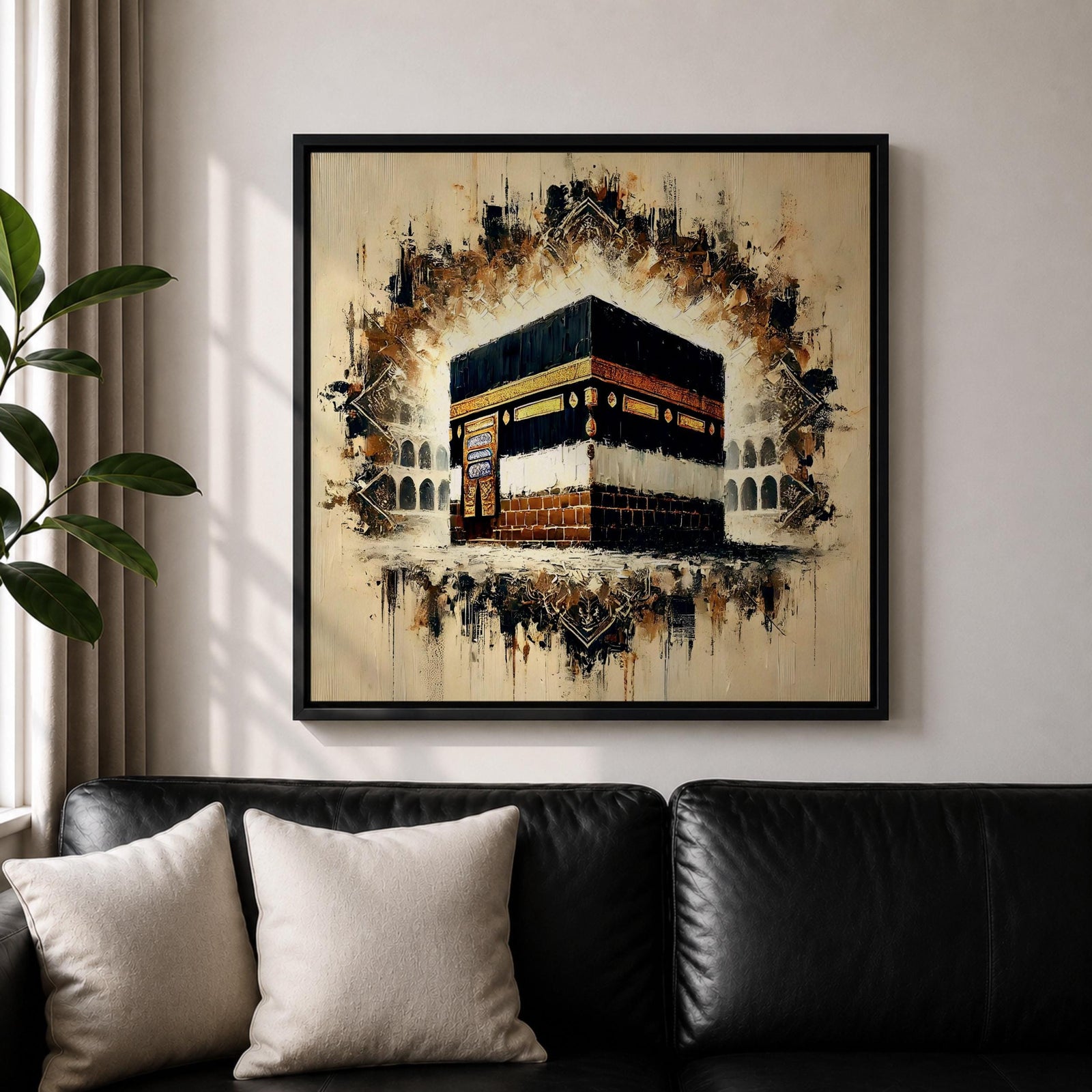 Golden Kaaba Wall Art Masjid Al Haram Framed Canvas Abstract Impasto Islamic Home Decor