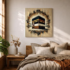 Golden Kaaba Wall Art Masjid Al Haram Framed Canvas Abstract Impasto Islamic Home Decor