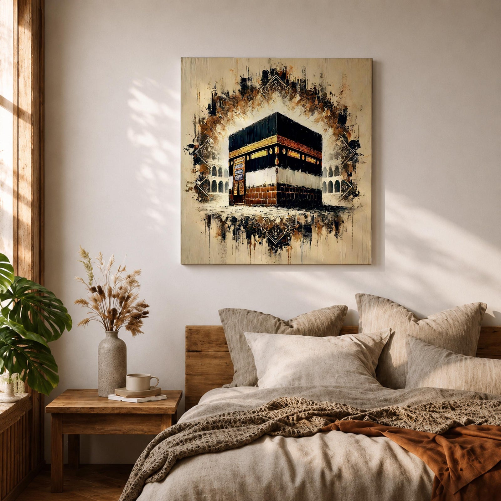 Golden Kaaba Wall Art Masjid Al Haram Framed Canvas Abstract Impasto Islamic Home Decor