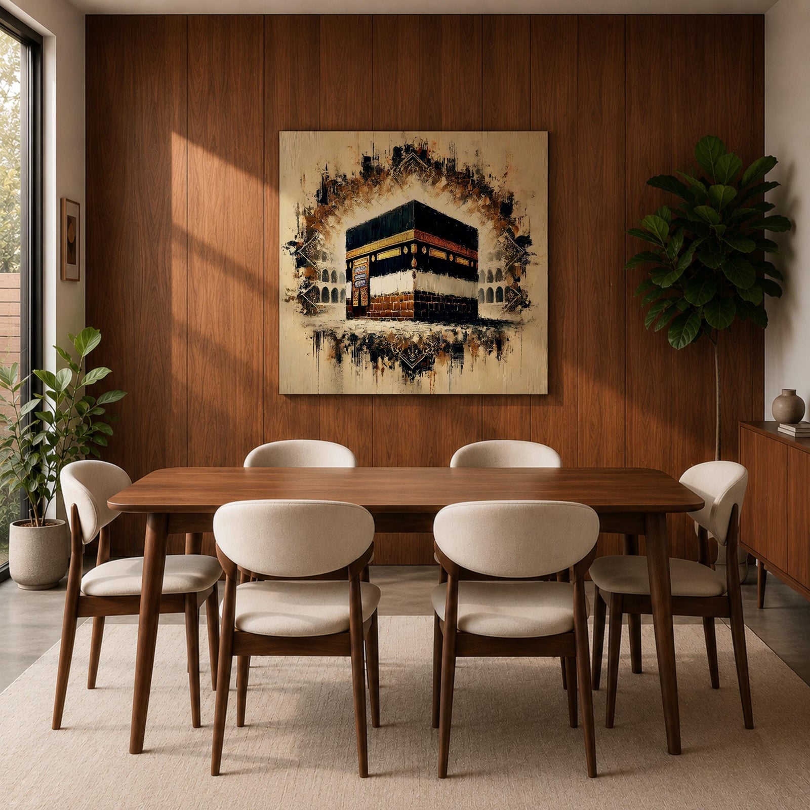 Golden Kaaba Wall Art Masjid Al Haram Framed Canvas Abstract Impasto Islamic Home Decor