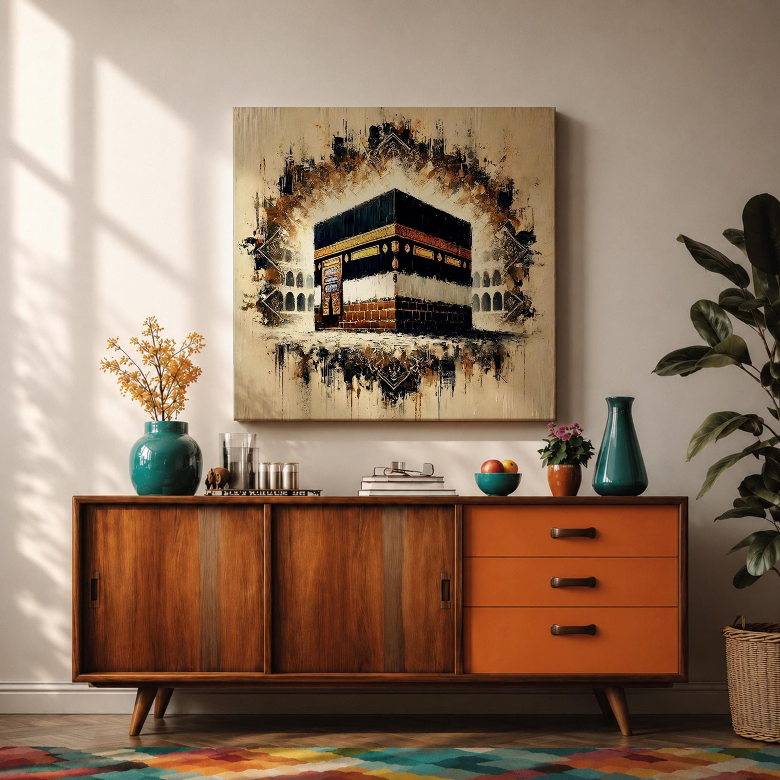 Golden Kaaba Wall Art Masjid Al Haram Framed Canvas Abstract Impasto Islamic Home Decor