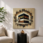 Golden Kaaba Wall Art Masjid Al Haram Framed Canvas Abstract Impasto Islamic Home Decor