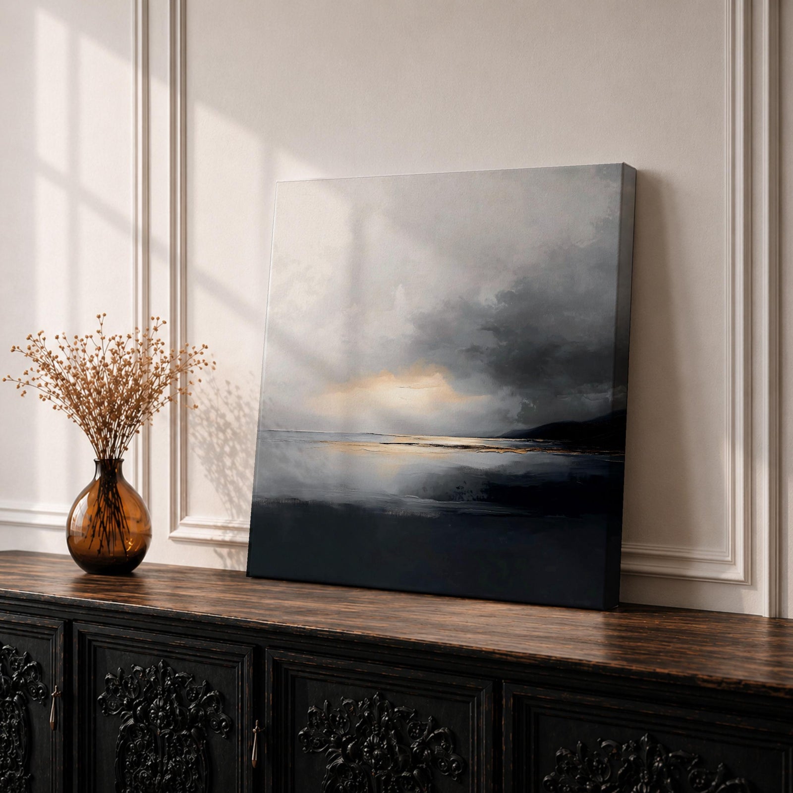 Moody Seascape Wall Art Coastal Shore Framed Canvas Ocean Horizon Vintage Rustic Home Decor