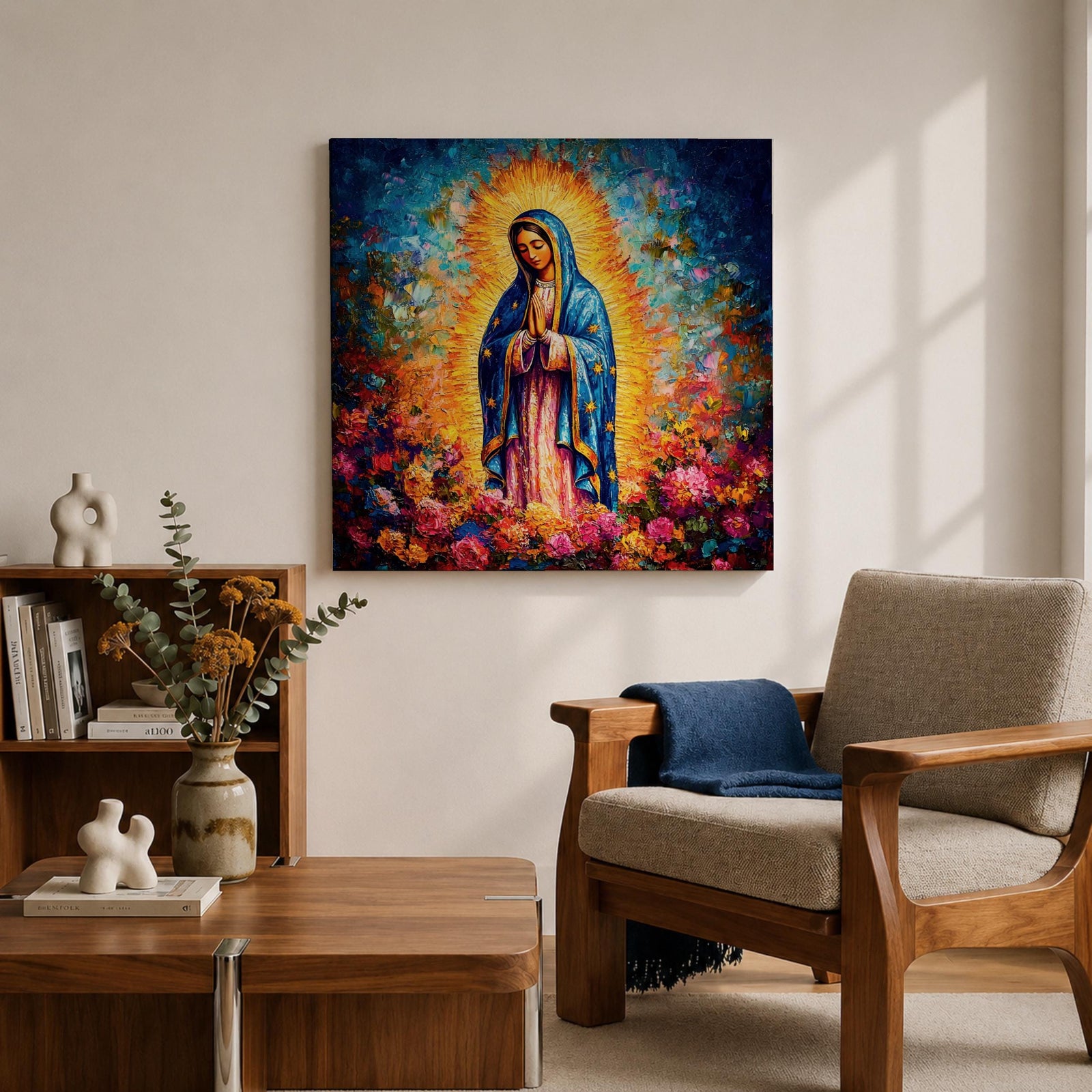 Our Lady of Guadalupe Wall Art La Guadalupana Framed Canvas Floral Catholic Home Decor