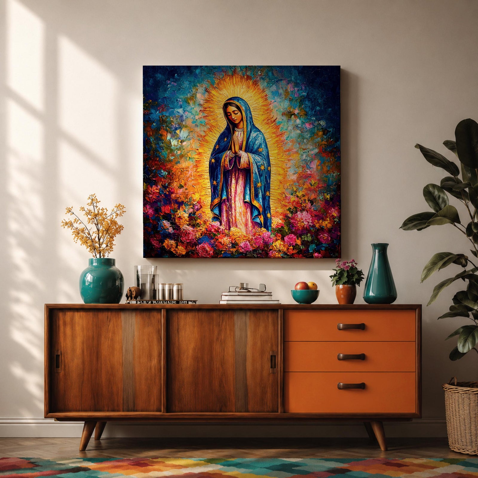 Our Lady of Guadalupe Wall Art La Guadalupana Framed Canvas Floral Catholic Home Decor