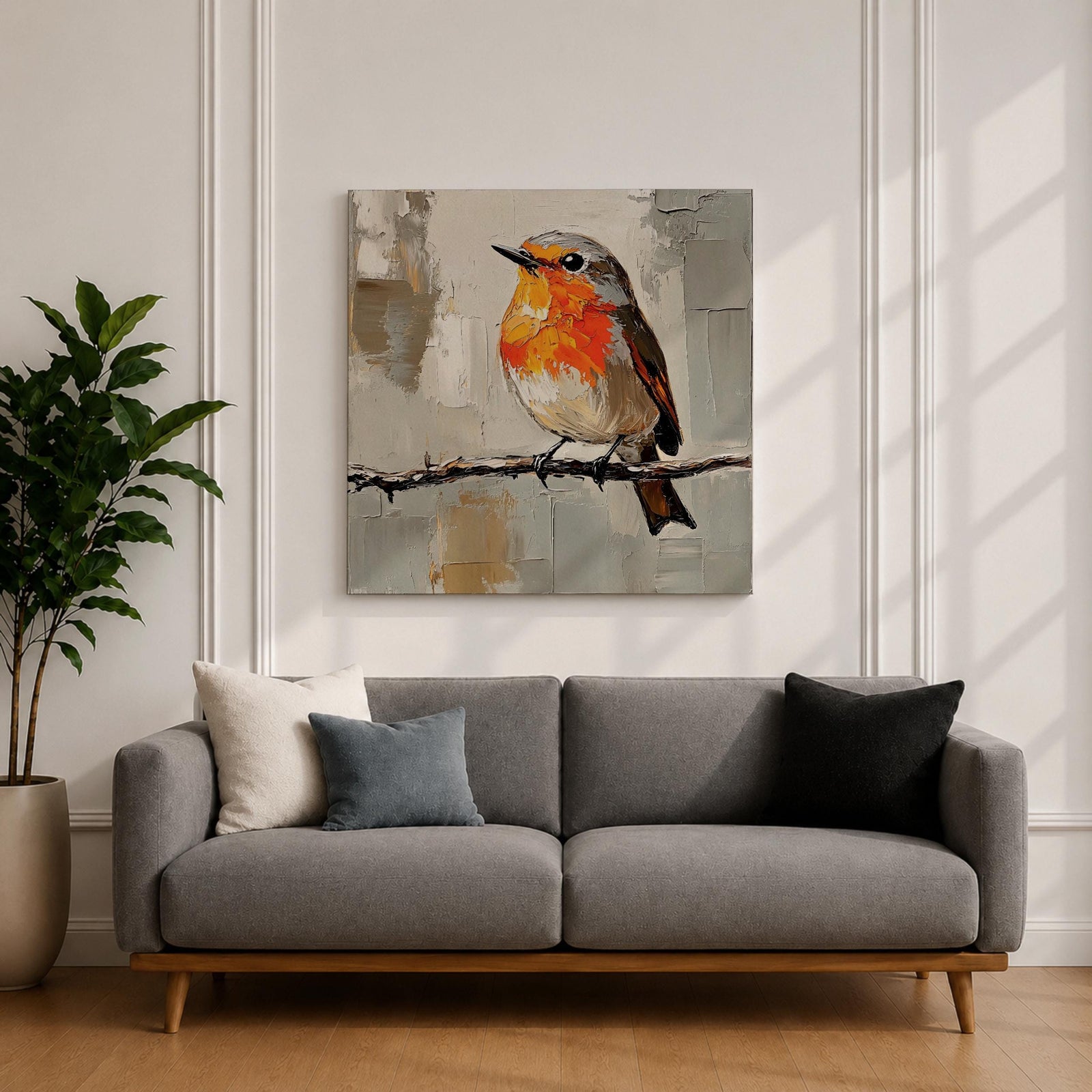 Robin Wall Art Redbreast Bird Framed Canvas Songbird Impasto Animal Nature Home Decor