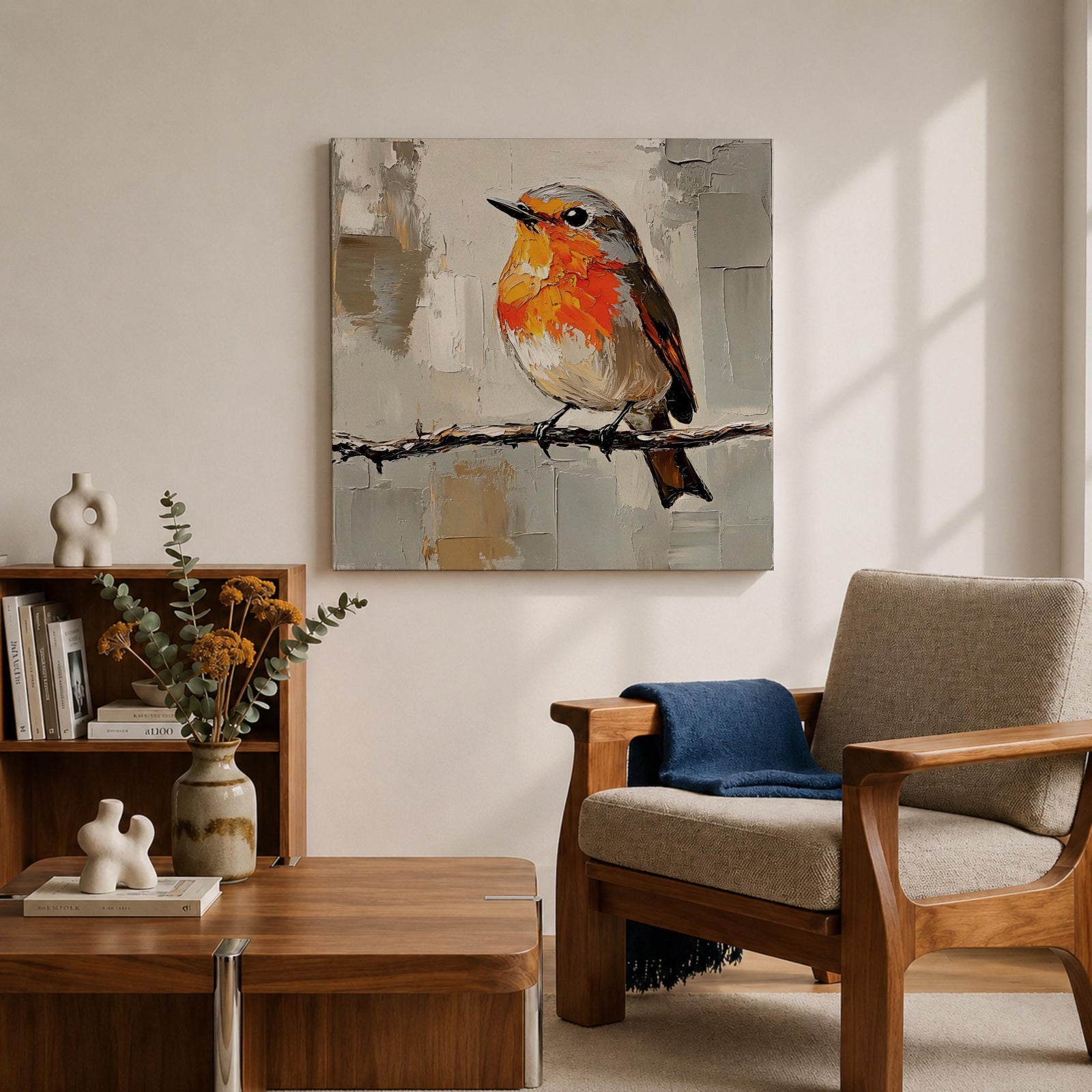 Robin Wall Art Redbreast Bird Framed Canvas Songbird Impasto Animal Nature Home Decor