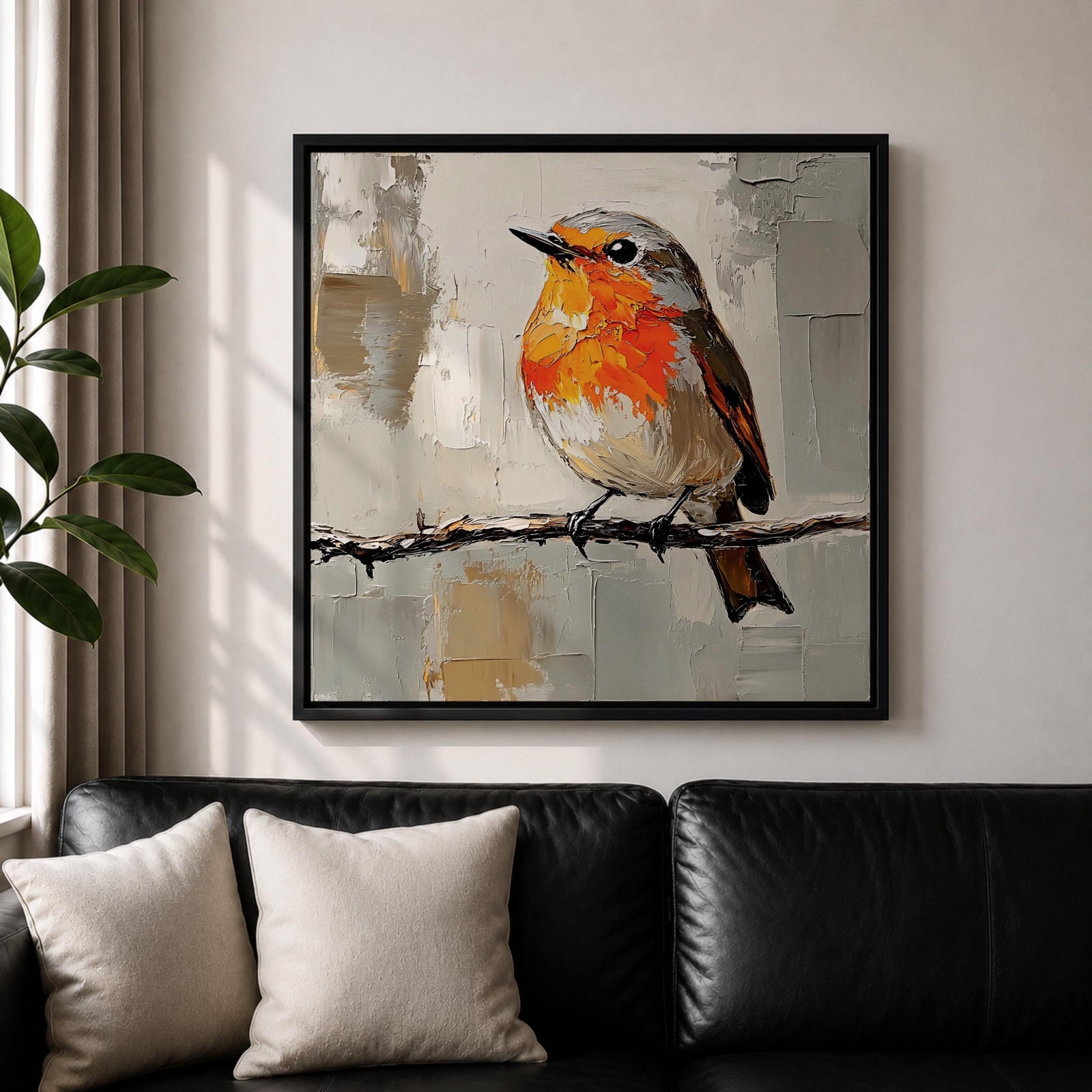 Robin Wall Art Redbreast Bird Framed Canvas Songbird Impasto Animal Nature Home Decor