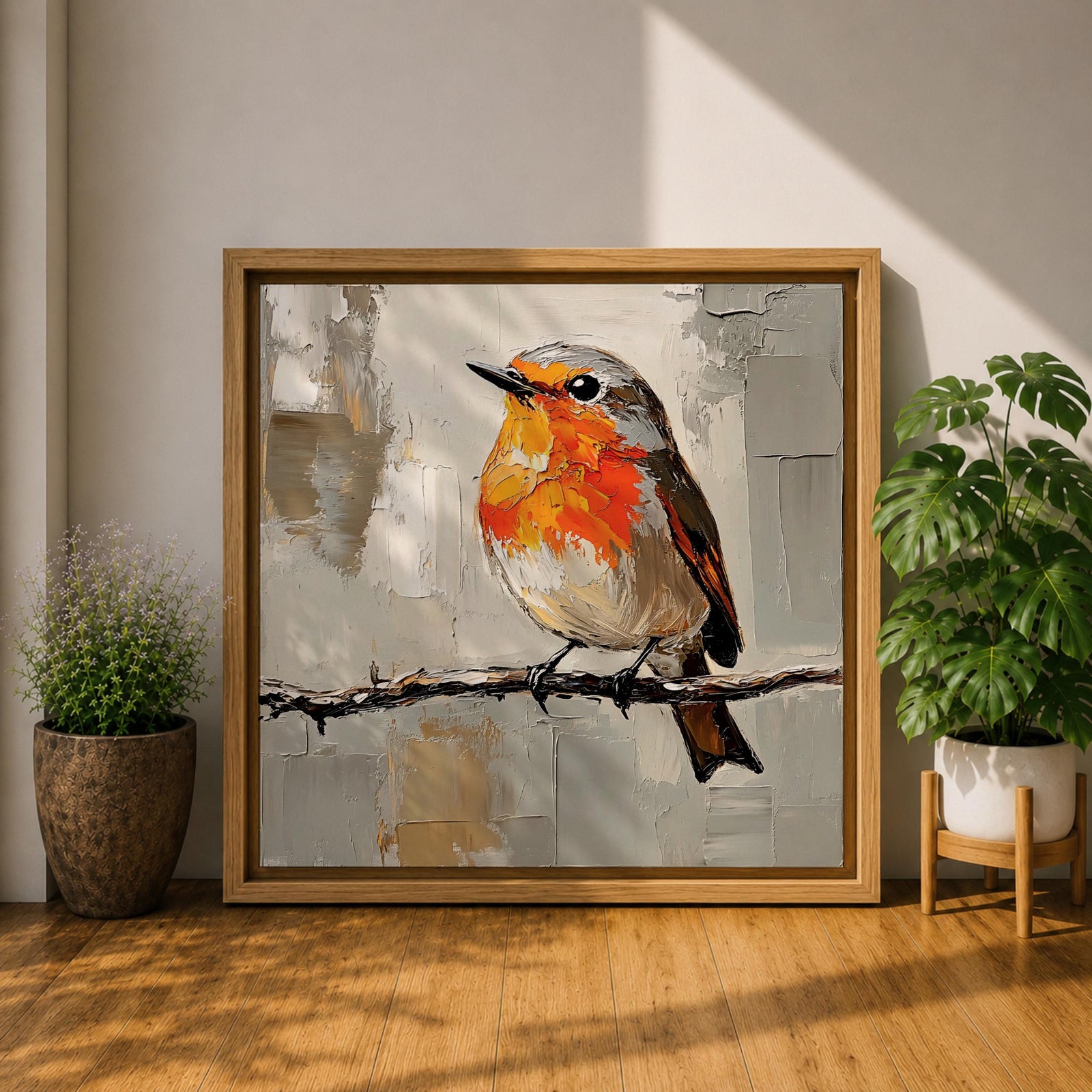 Robin Wall Art Redbreast Bird Framed Canvas Songbird Impasto Animal Nature Home Decor
