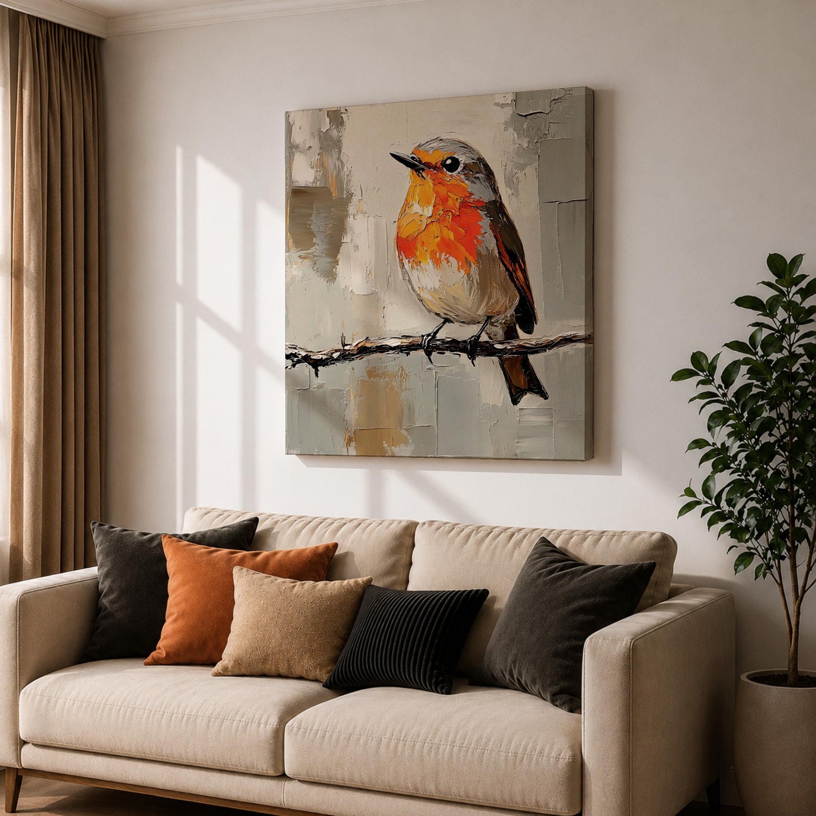 Robin Wall Art Redbreast Bird Framed Canvas Songbird Impasto Animal Nature Home Decor