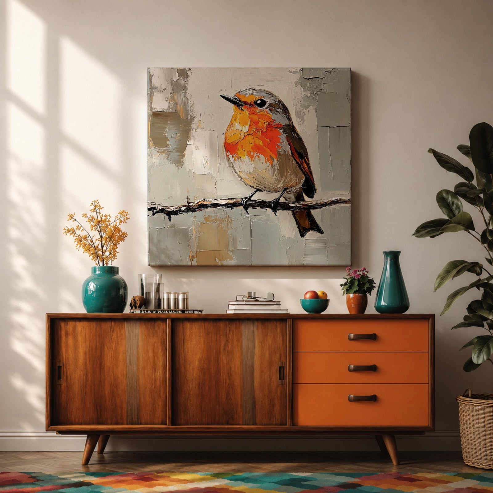 Robin Wall Art Redbreast Bird Framed Canvas Songbird Impasto Animal Nature Home Decor