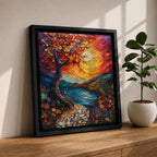 Moonlit Tree Wall Art Sunset Landscape Framed Canvas Lake Landscape Impasto Home Decor