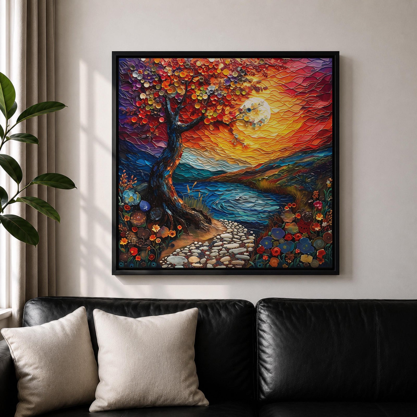 Moonlit Tree Wall Art Sunset Landscape Framed Canvas Lake Landscape Impasto Home Decor