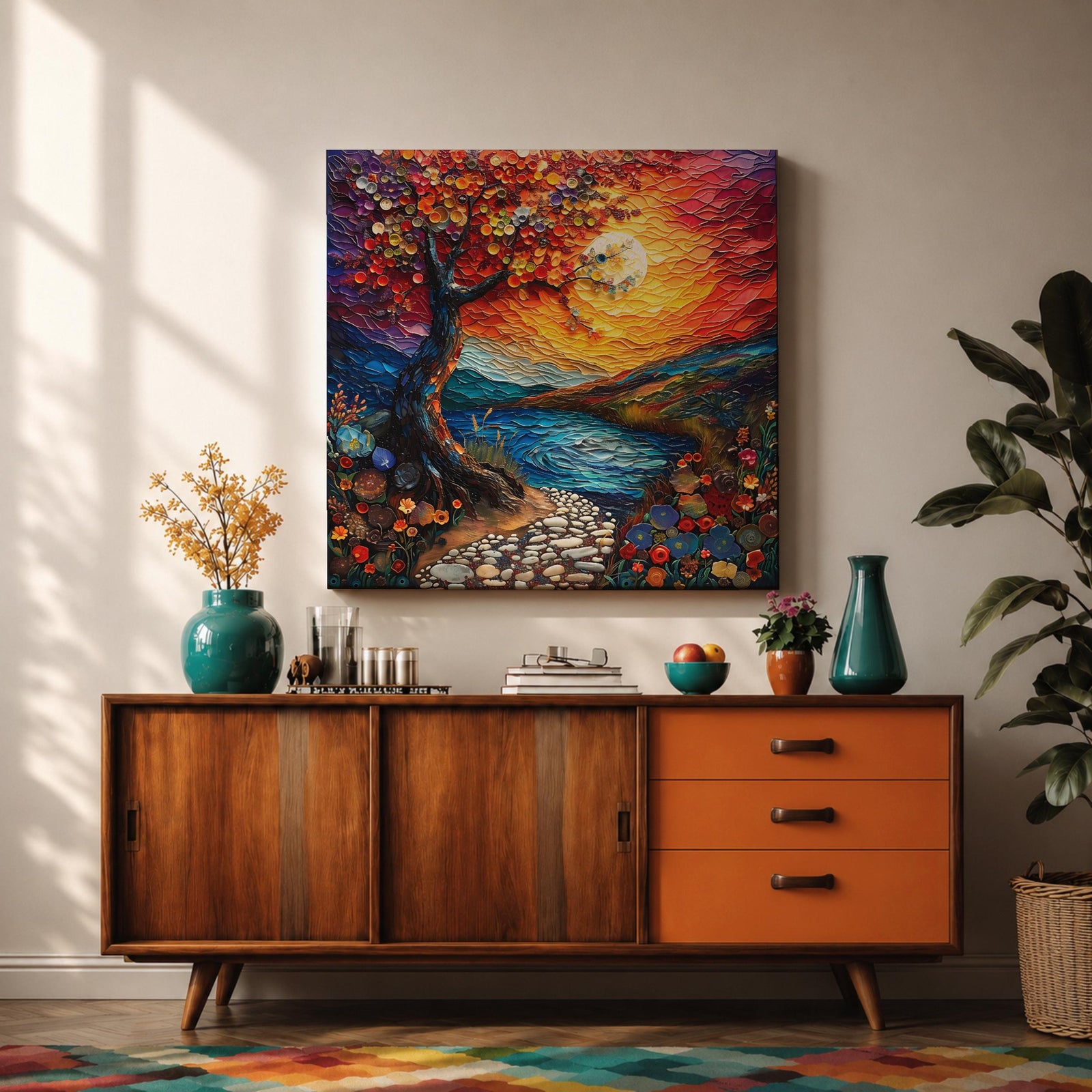 Moonlit Tree Wall Art Sunset Landscape Framed Canvas Lake Landscape Impasto Home Decor