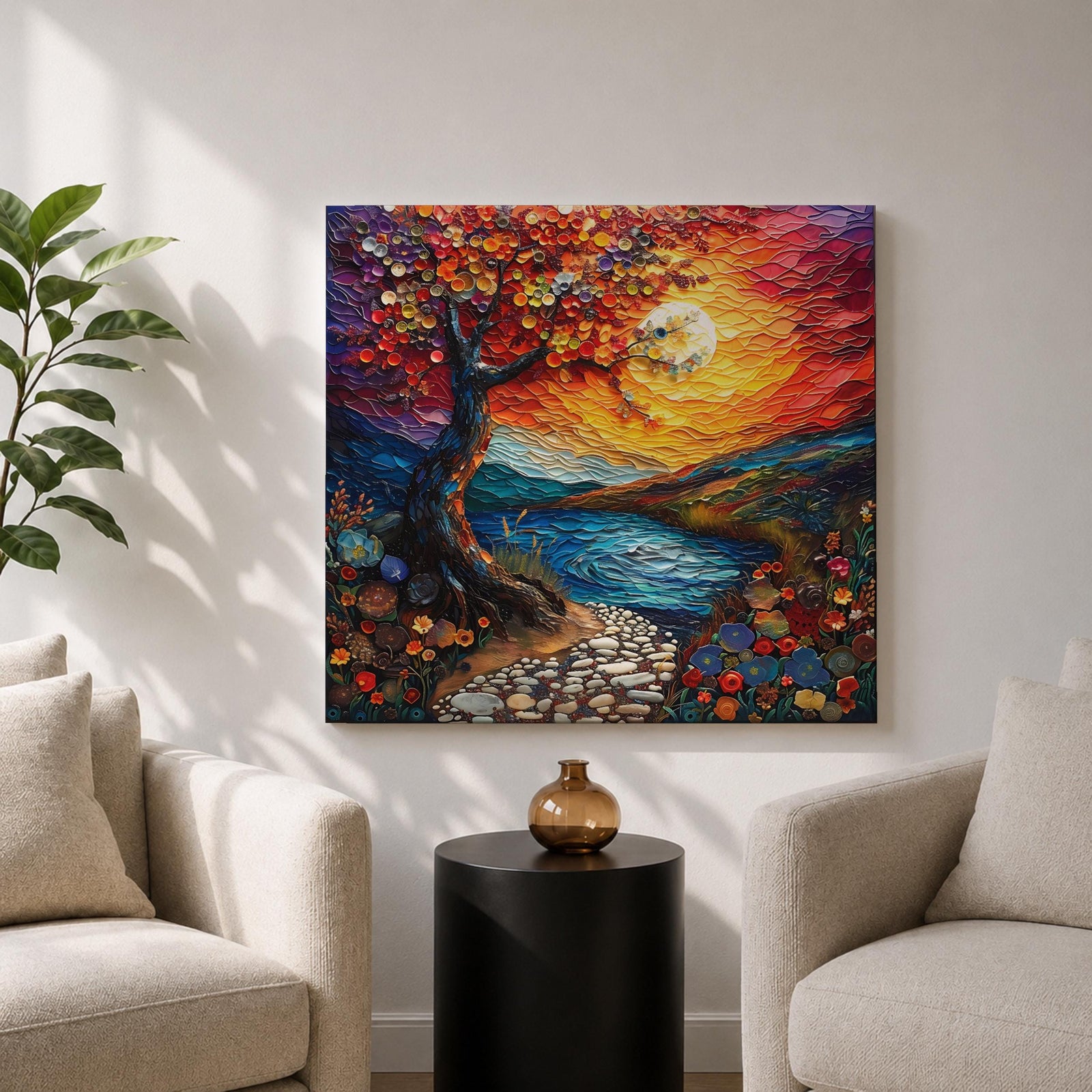 Moonlit Tree Wall Art Sunset Landscape Framed Canvas Lake Landscape Impasto Home Decor