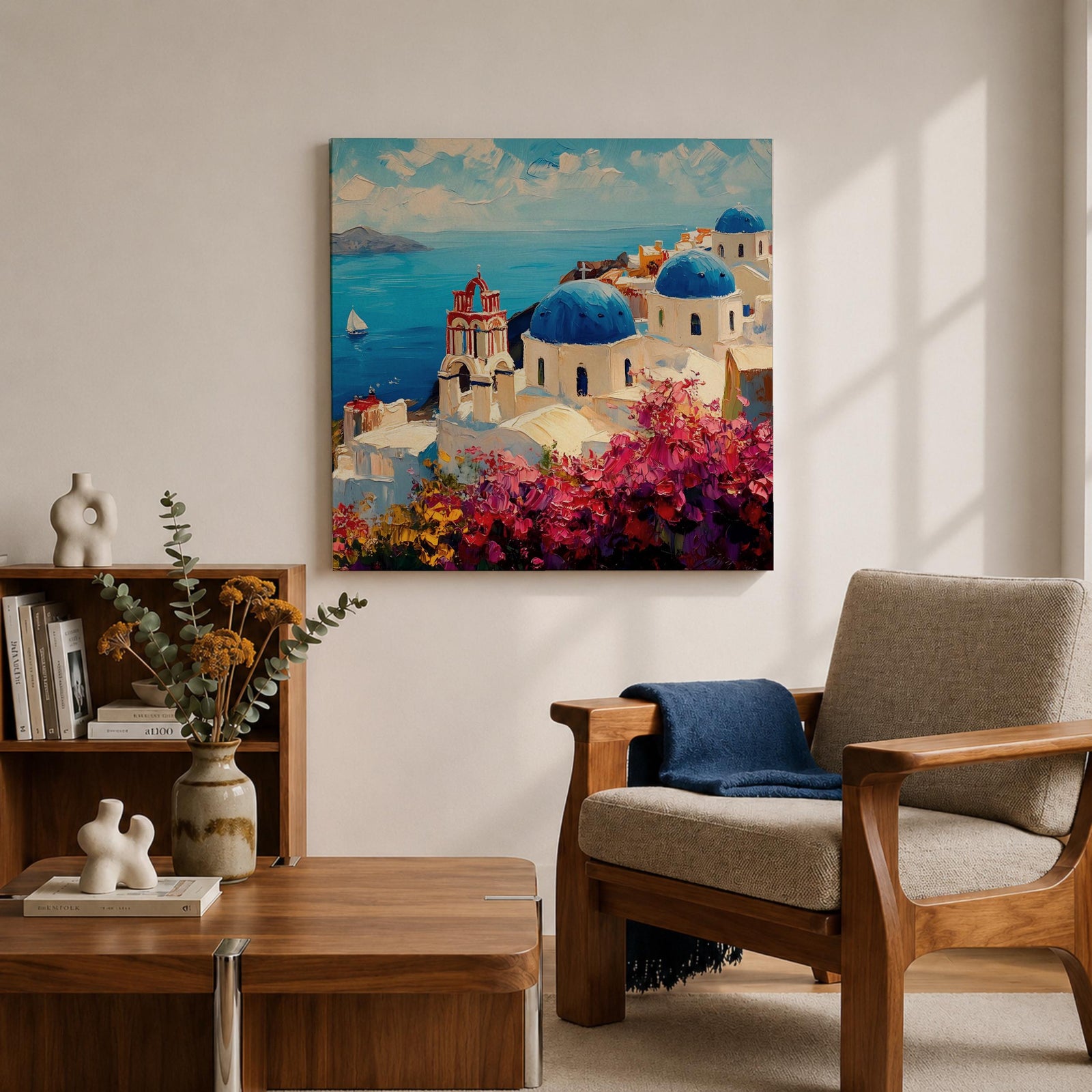 Santorini Greece Wall Art Greek Island Framed Canvas Mediterranean Coastal Landscape Living Room Decor