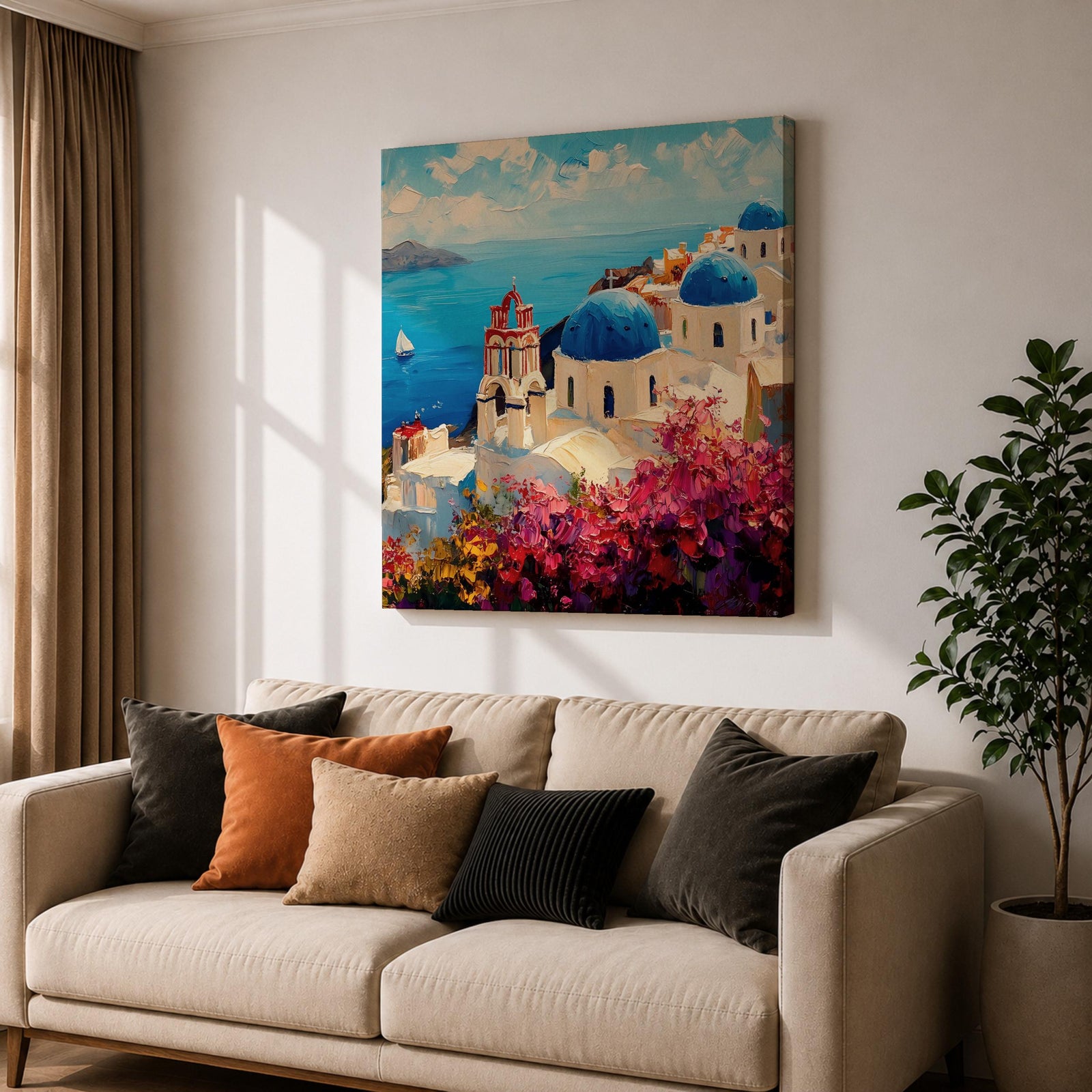 Santorini Greece Wall Art Greek Island Framed Canvas Mediterranean Coastal Landscape Living Room Decor