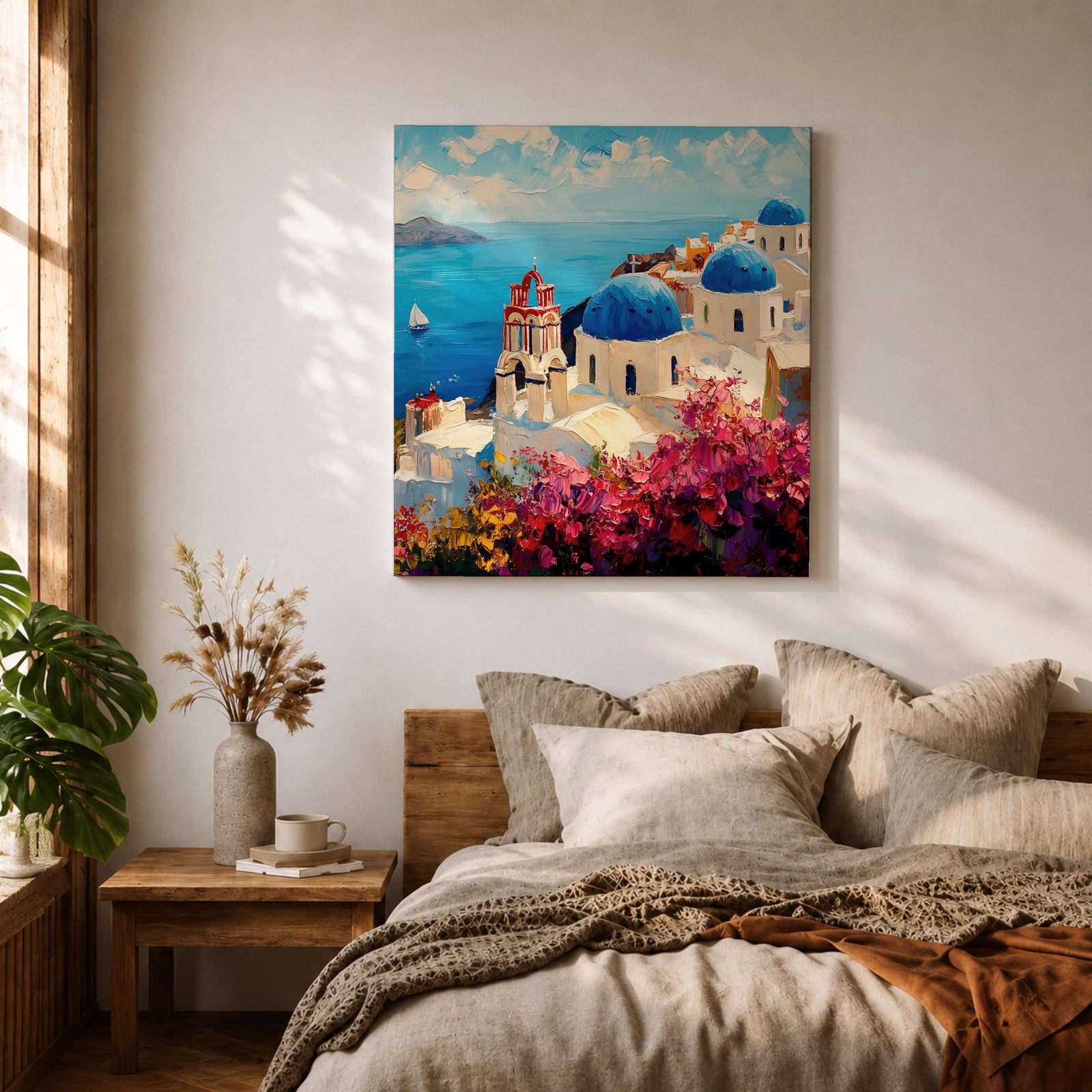 Santorini Greece Wall Art Greek Island Framed Canvas Mediterranean Coastal Landscape Living Room Decor