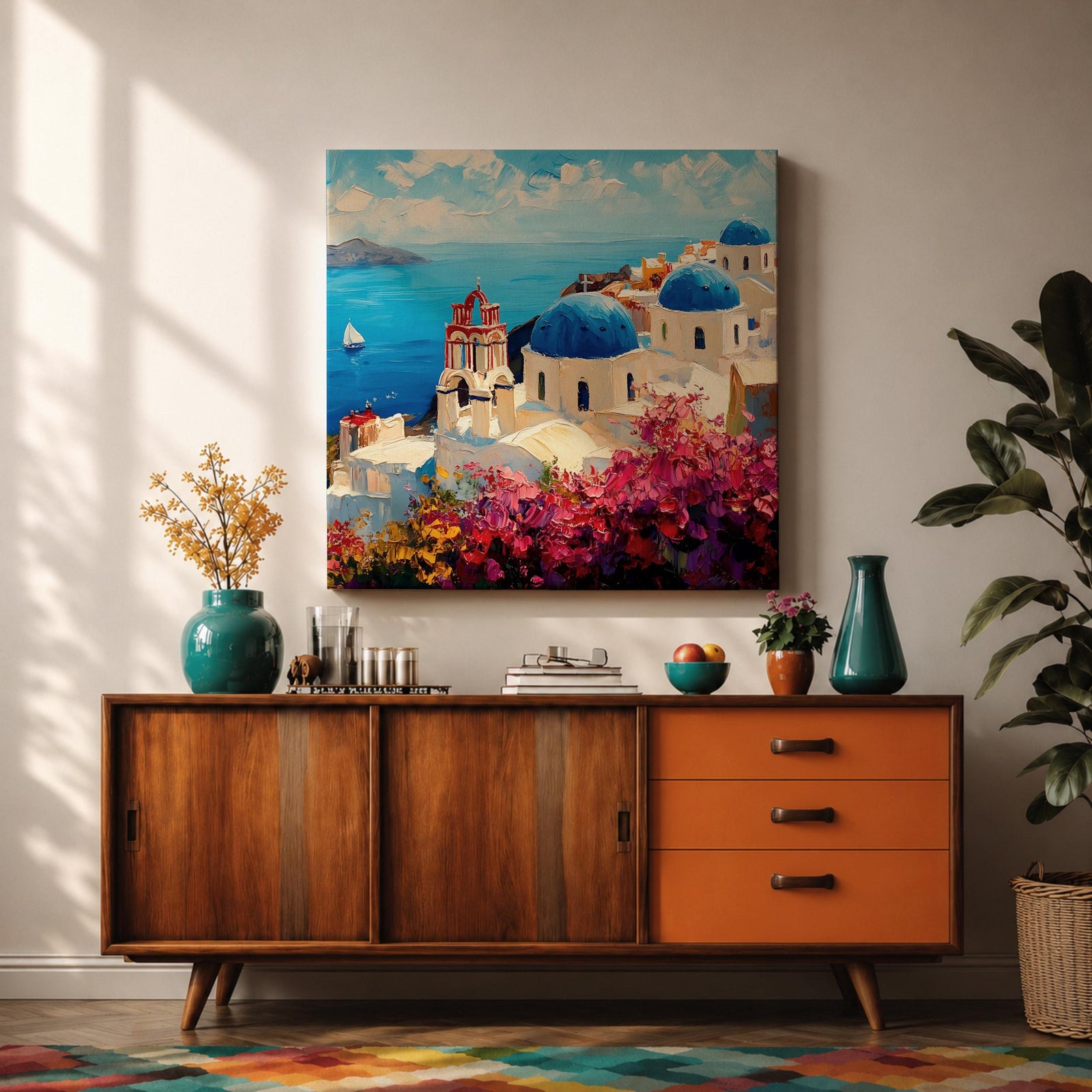 Santorini Greece Wall Art Greek Island Framed Canvas Mediterranean Coastal Landscape Living Room Decor