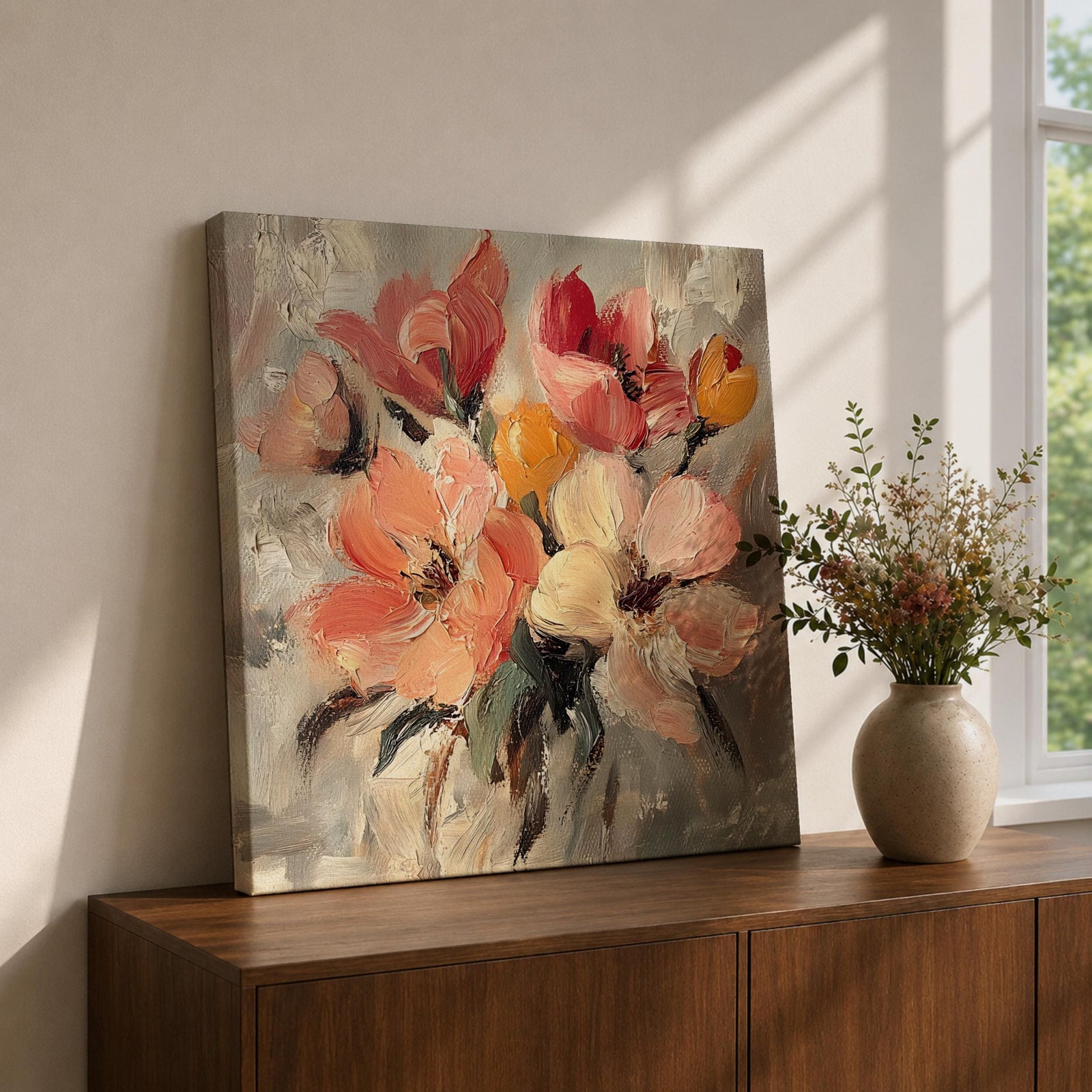 Floral Bouquet Wall Art Botanical Framed Canvas Vintage Wildflower Impasto Farmhouse Home Decor