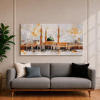 A panoramic painting of Masjid Al Nabawi featuring the iconic green dome and surrounding minarets, rendered in a textured impressionistic style with soft neutral tones and warm accents, capturing the architectural symmetry and reflective foreground across an expansive horizontal composition.