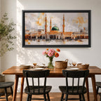 A panoramic painting of Masjid Al Nabawi featuring the iconic green dome and surrounding minarets, rendered in a textured impressionistic style with soft neutral tones and warm accents, capturing the architectural symmetry and reflective foreground across an expansive horizontal composition.