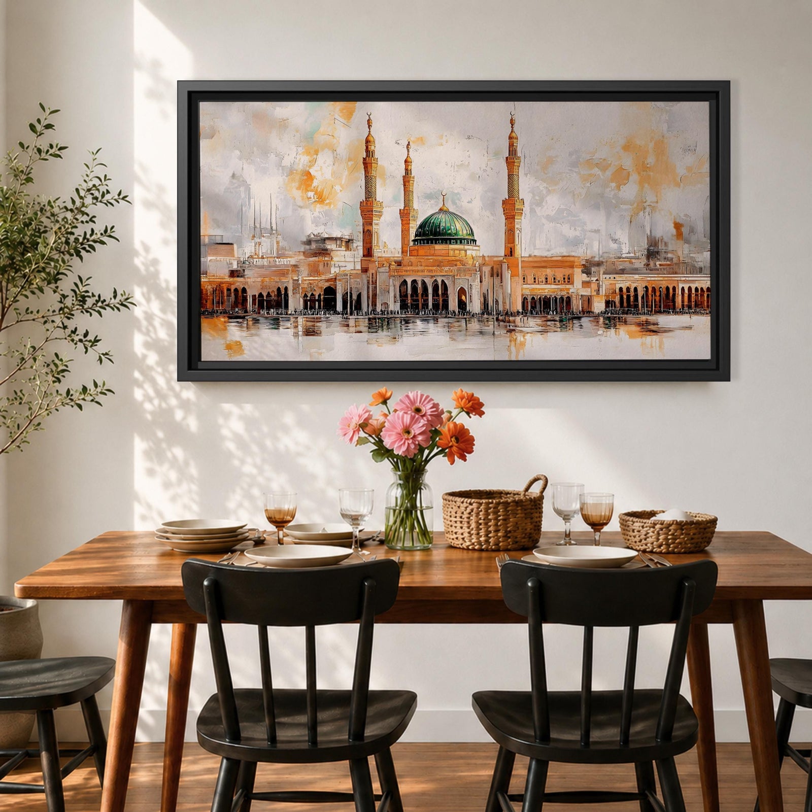A panoramic painting of Masjid Al Nabawi featuring the iconic green dome and surrounding minarets, rendered in a textured impressionistic style with soft neutral tones and warm accents, capturing the architectural symmetry and reflective foreground across an expansive horizontal composition.